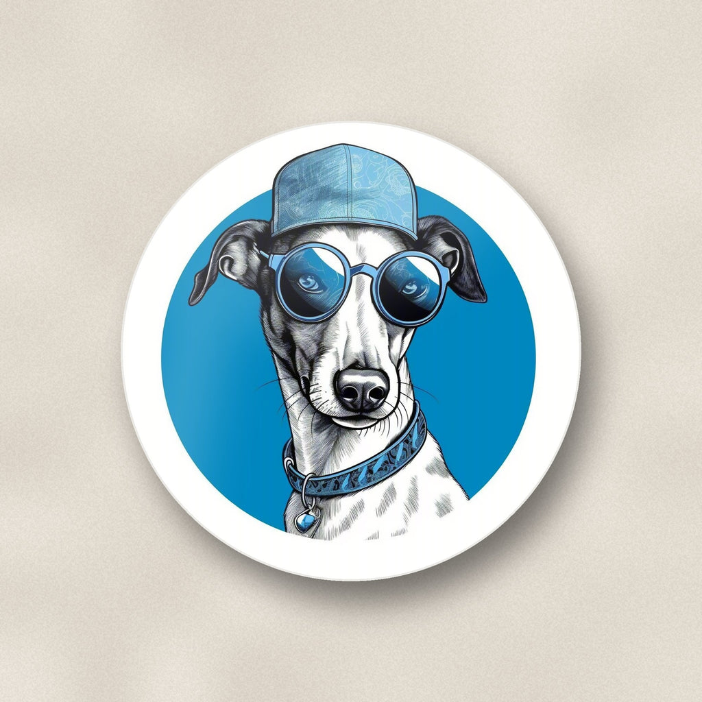 Close-up of one cool whippet in cap & shades round ceramic coaster, flat UV print