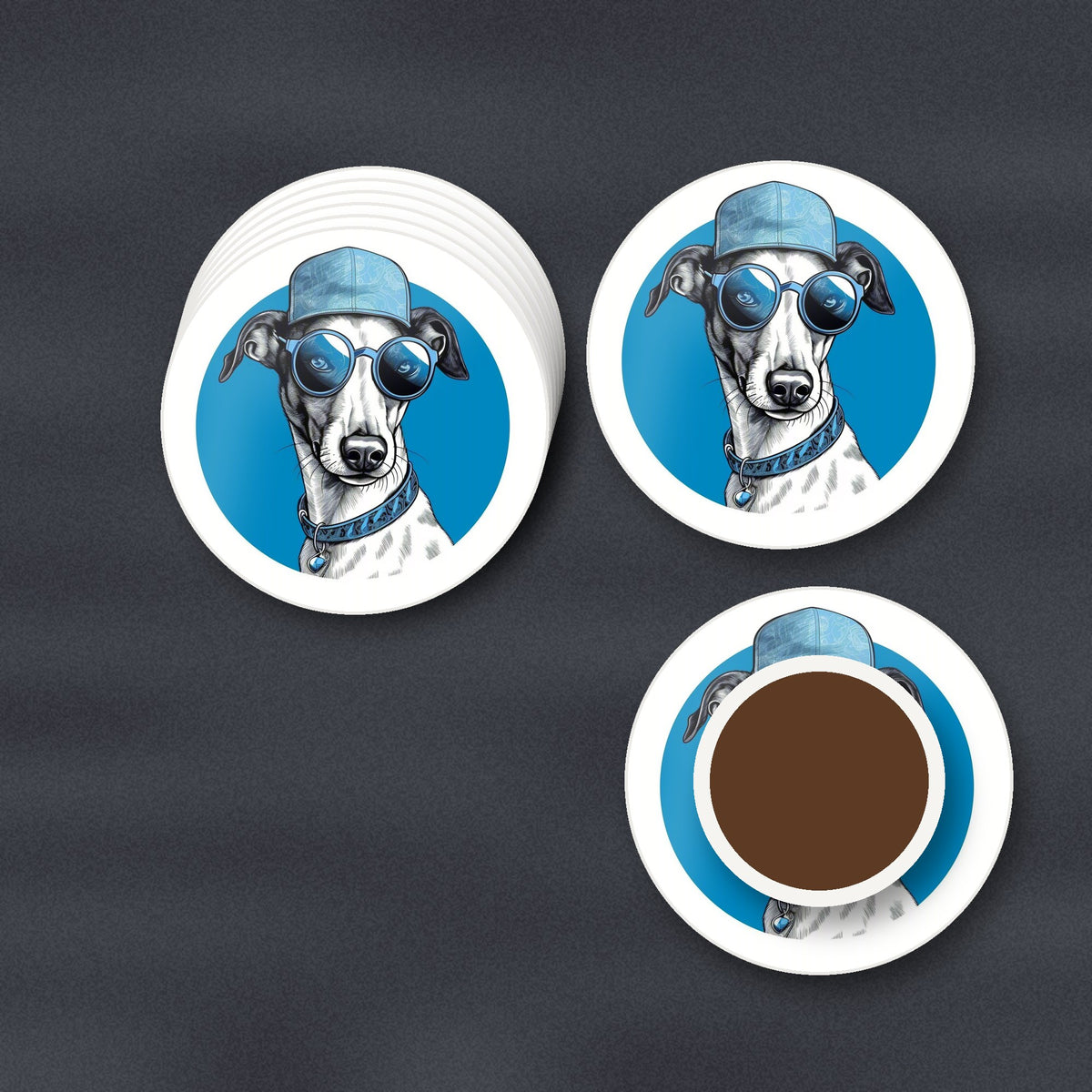 Cool Whippet in Cap & Shades round ceramic coasters stacked on a slate kitchen worktop