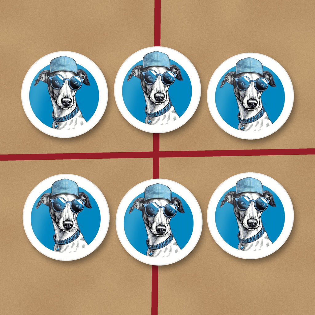 Cool Whippet in Cap & Shades round ceramic coasters on kraft gift wrap