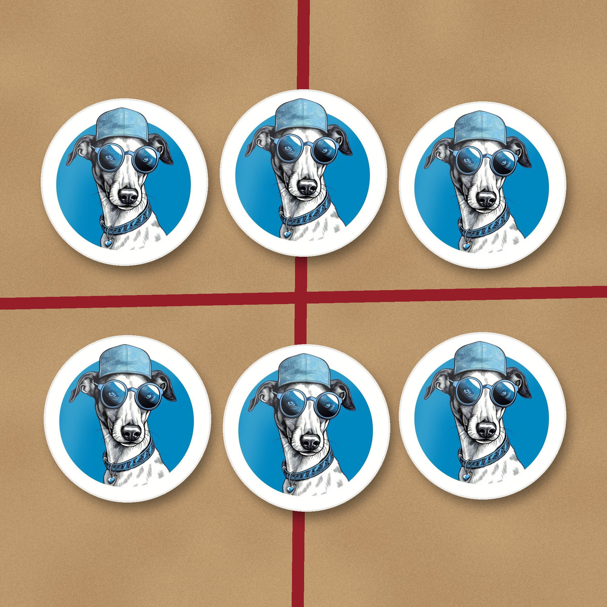 Cool Whippet in Cap & Shades round ceramic coasters on kraft gift wrap
