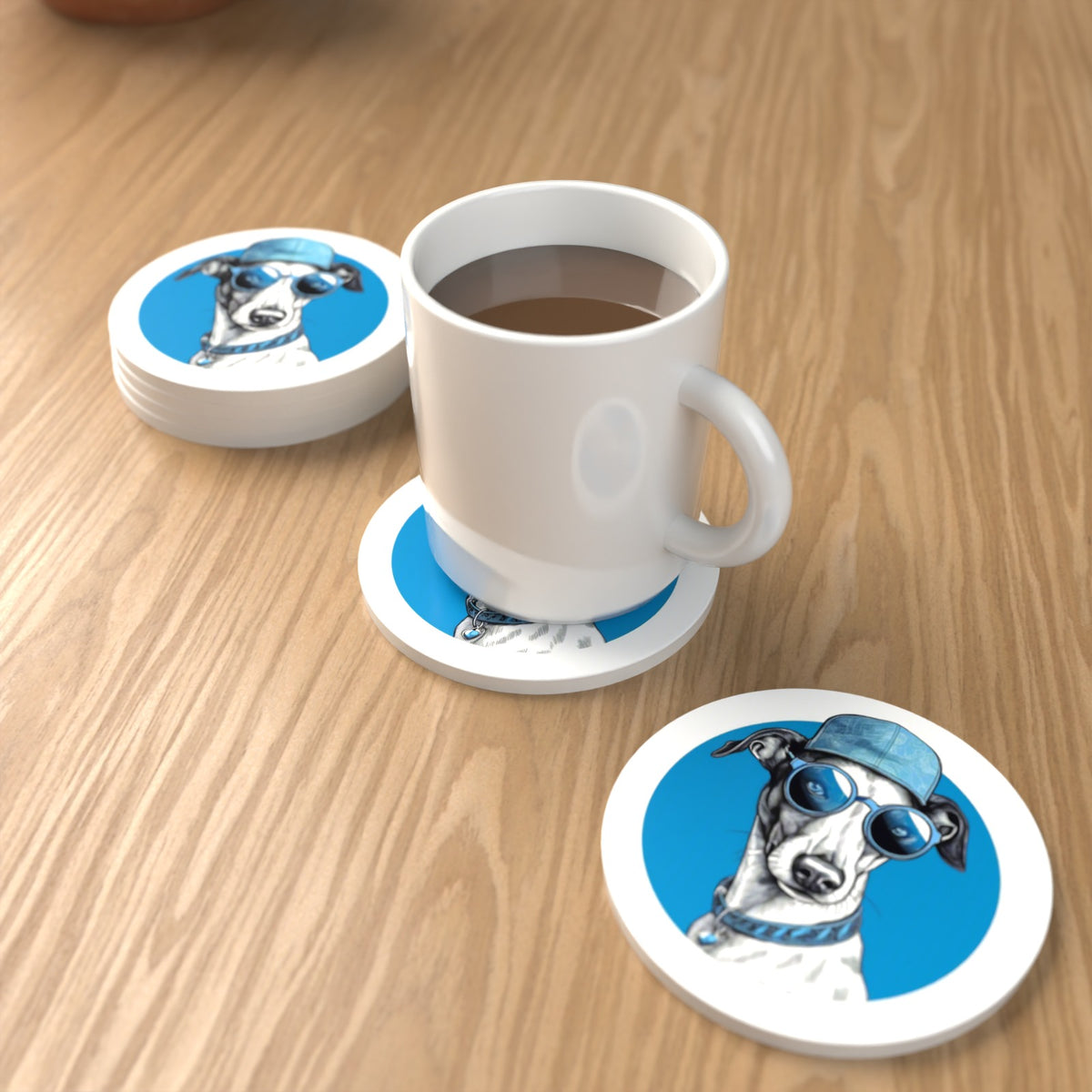 Cool Whippet in Cap & Shades Round Ceramic Coasters – Set of 6 – lifestyle mockup with a mug of coffee