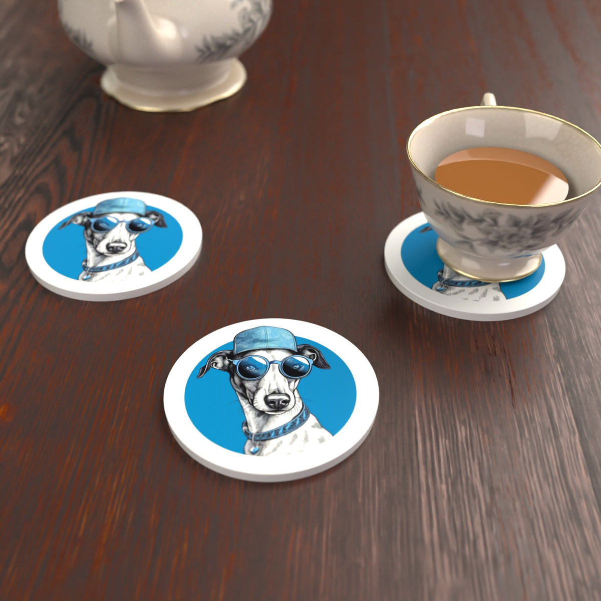 Cool Whippet in Cap & Shades Round Ceramic Coasters – Set of 6 – lifestyle mockup with a teacup