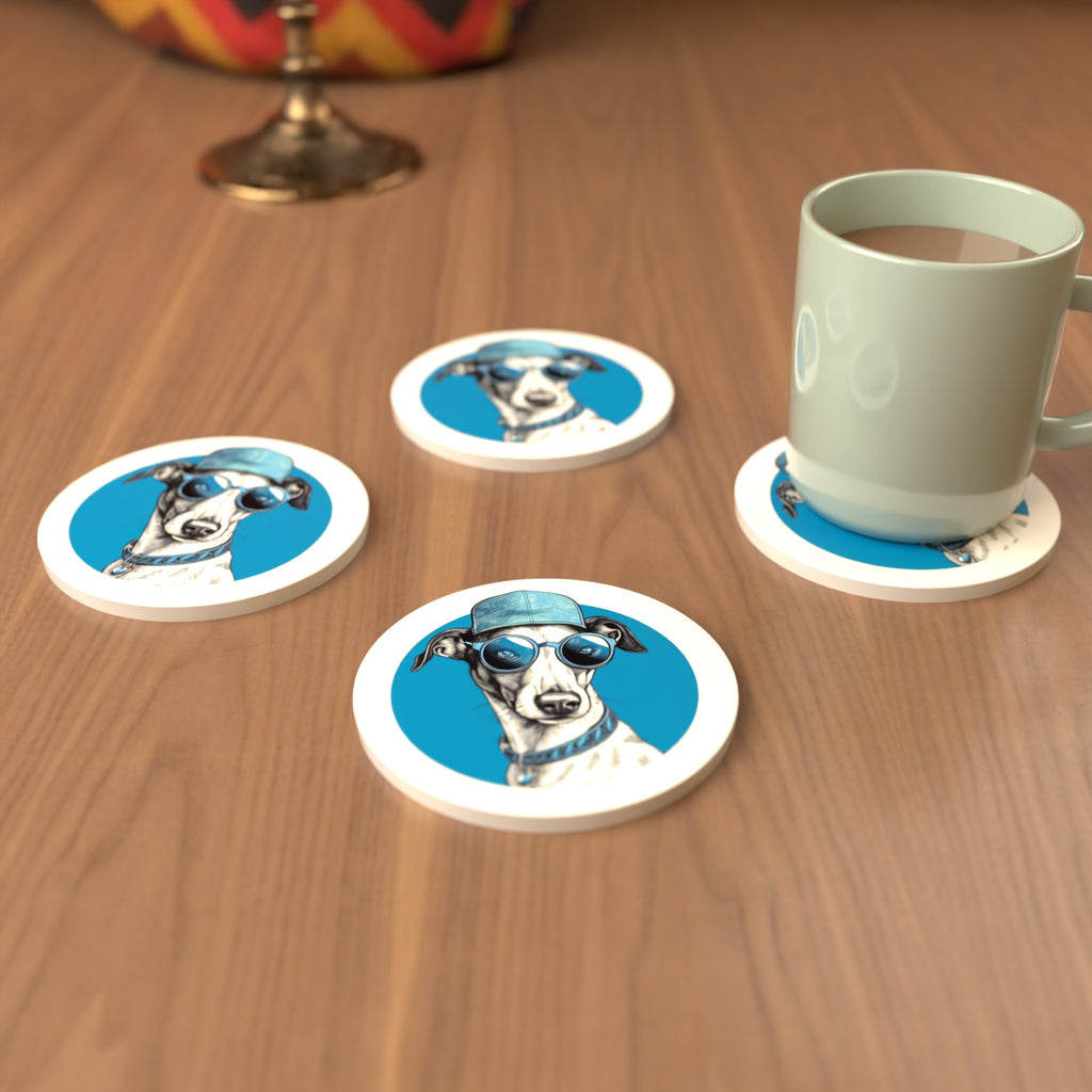 Cool Whippet in Cap & Shades Round Ceramic Coasters – Set of 6 – cosy lifestyle mockup