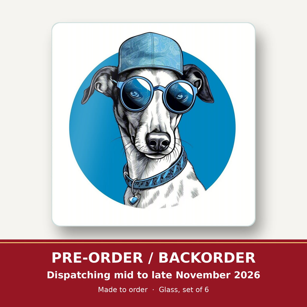 Cool Whippet in Cap & Shades square glass coaster set of 6 – pre-order / backorder, dispatching mid to late November 2026