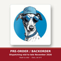 Cool Whippet in Cap & Shades square glass coaster set of 6 – pre-order / backorder, dispatching mid to late November 2026