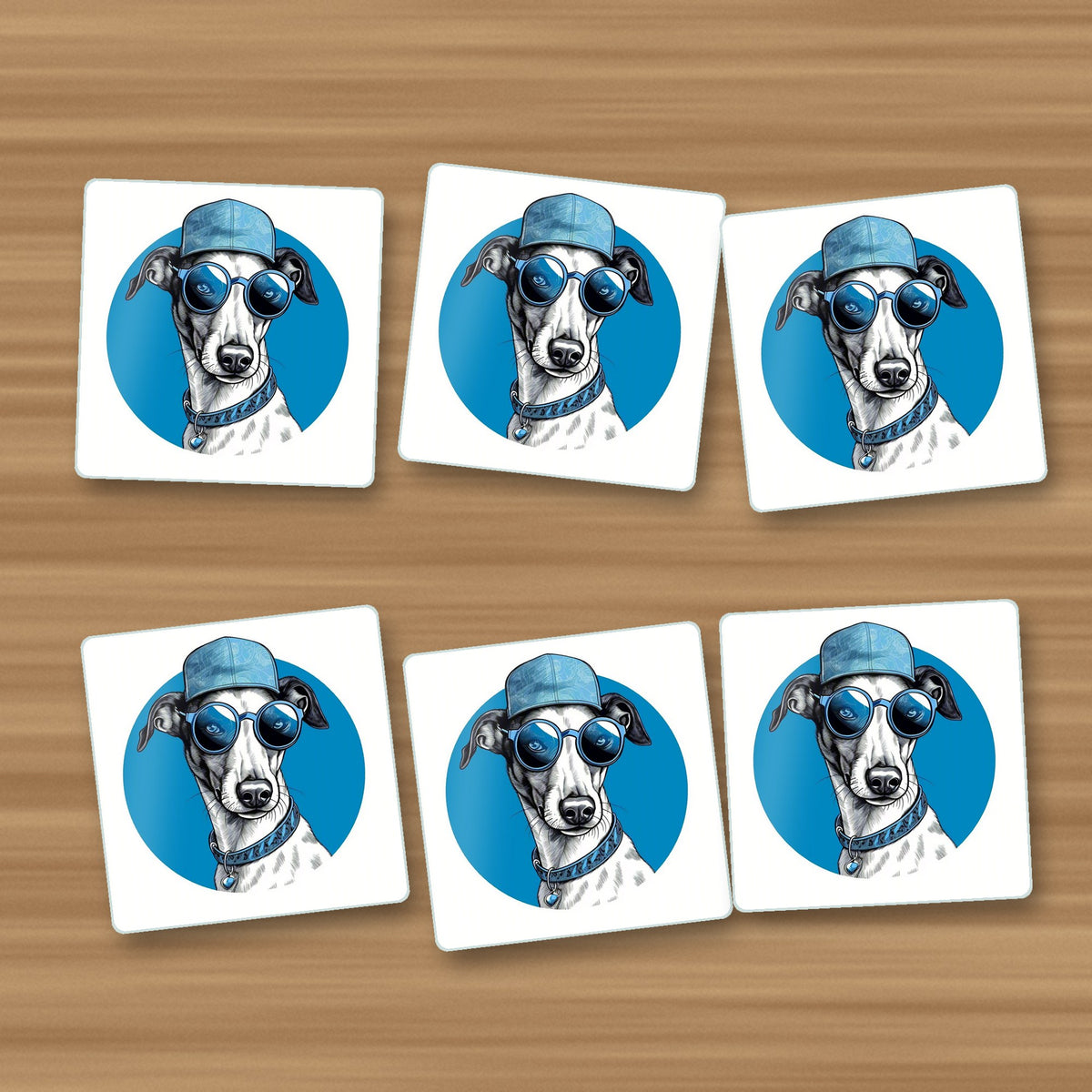 Cool Whippet in Cap & Shades square glass coasters, set of 6, on an oak coffee table