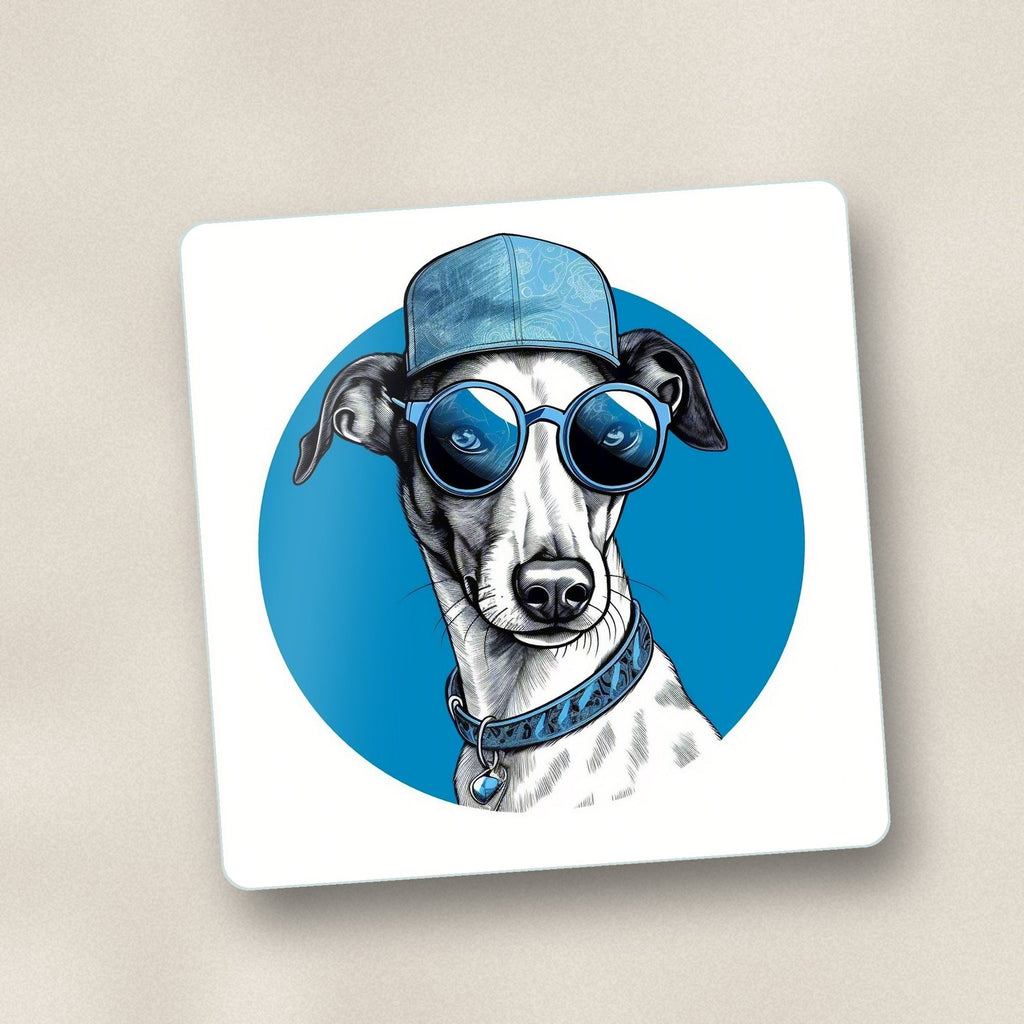Close-up of one cool whippet in cap & shades square glass coaster, flat UV print
