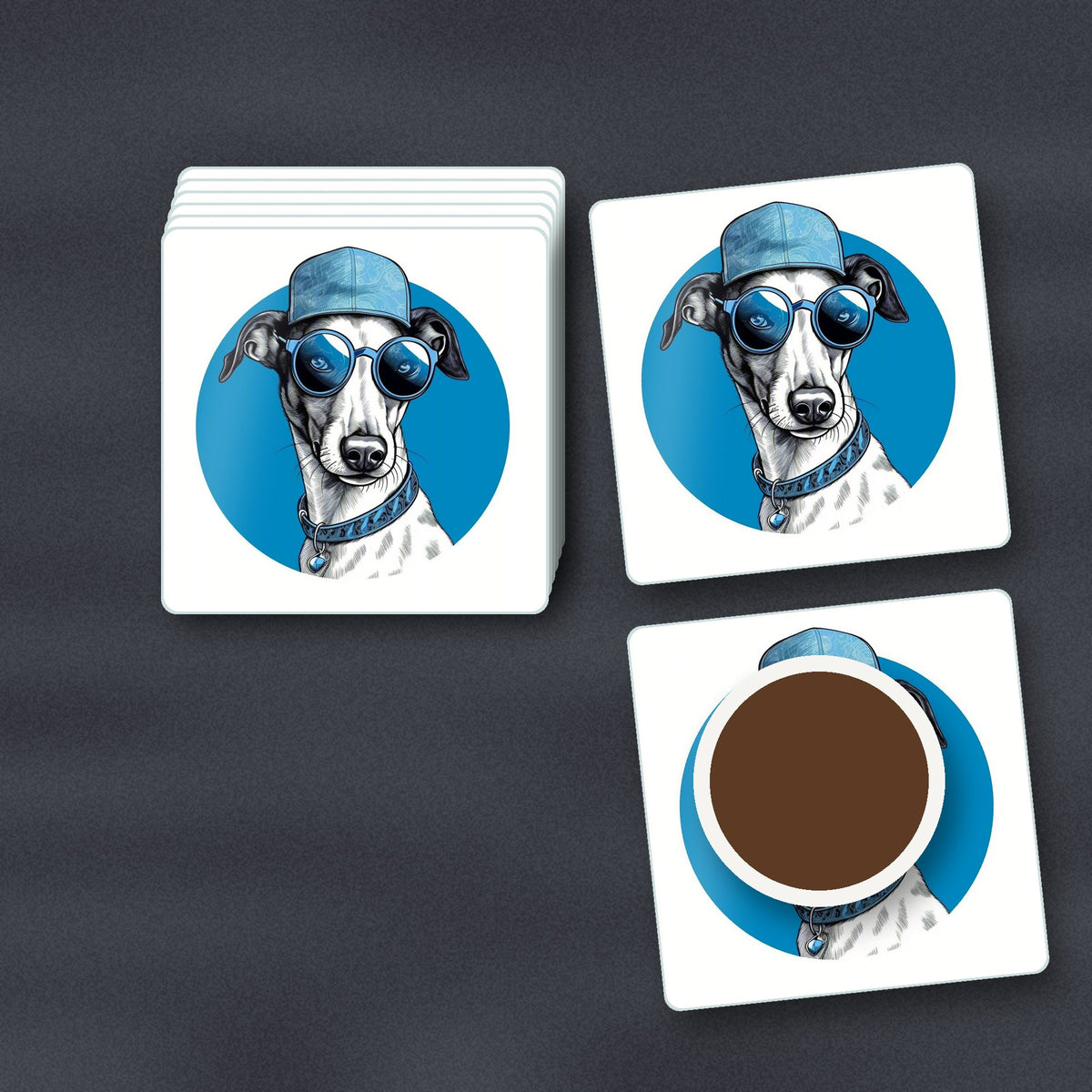 Cool Whippet in Cap & Shades square glass coasters stacked on a slate kitchen worktop