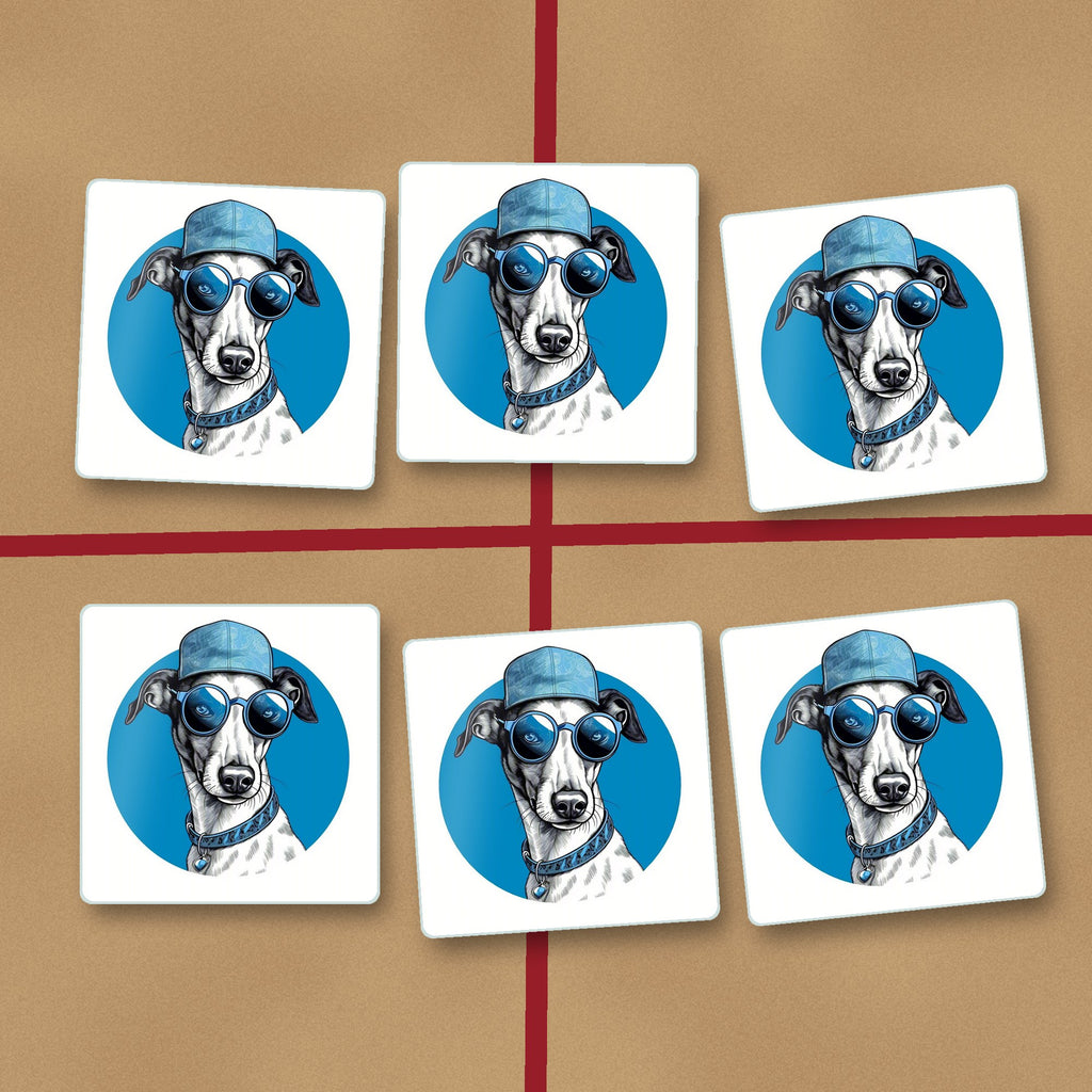 Cool Whippet in Cap & Shades square glass coasters on kraft gift wrap