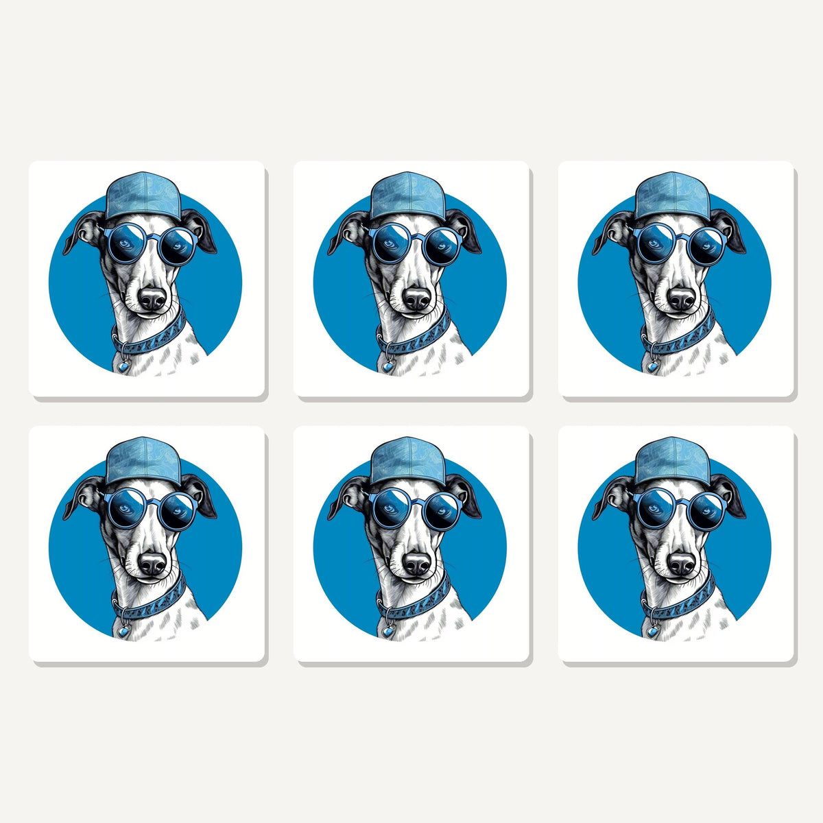 Flat lay of the cool whippet in cap & shades artwork on six square coasters