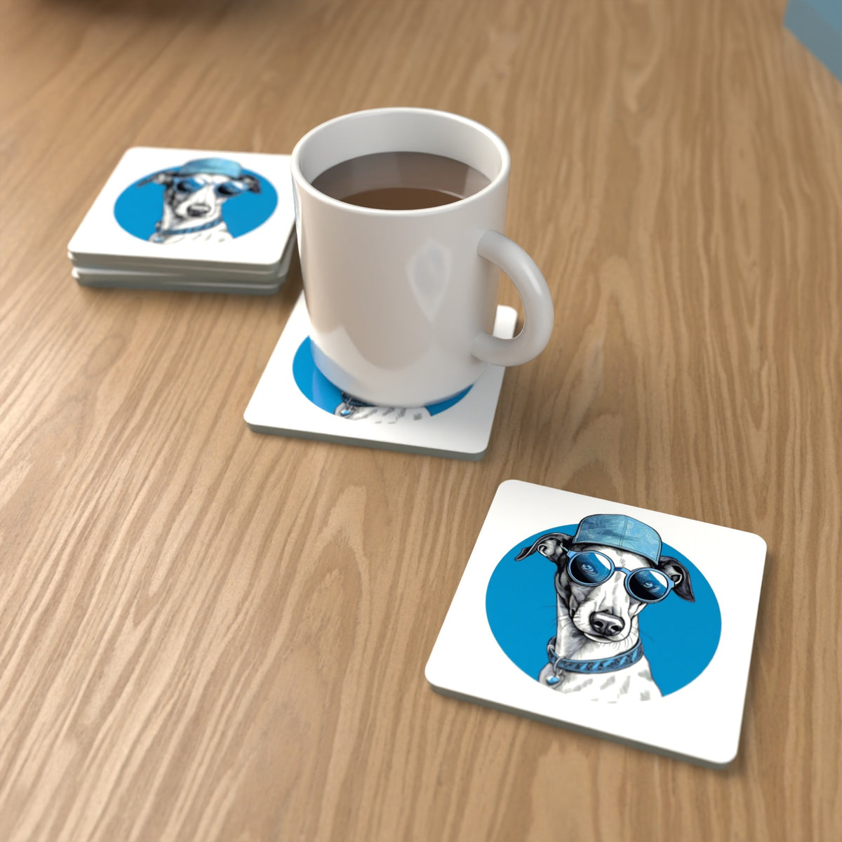 Cool Whippet in Cap & Shades Square Glass Coasters – Set of 6 – lifestyle mockup with a mug of coffee