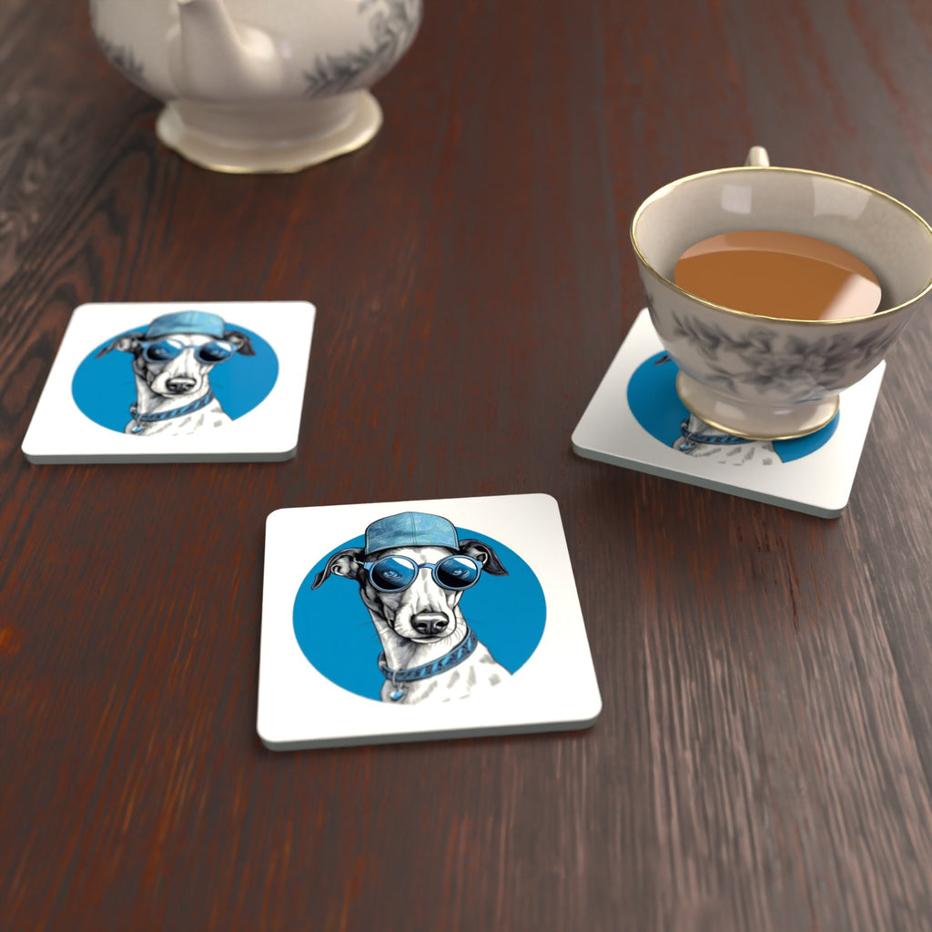 Cool Whippet in Cap & Shades Square Glass Coasters – Set of 6 – lifestyle mockup with a teacup