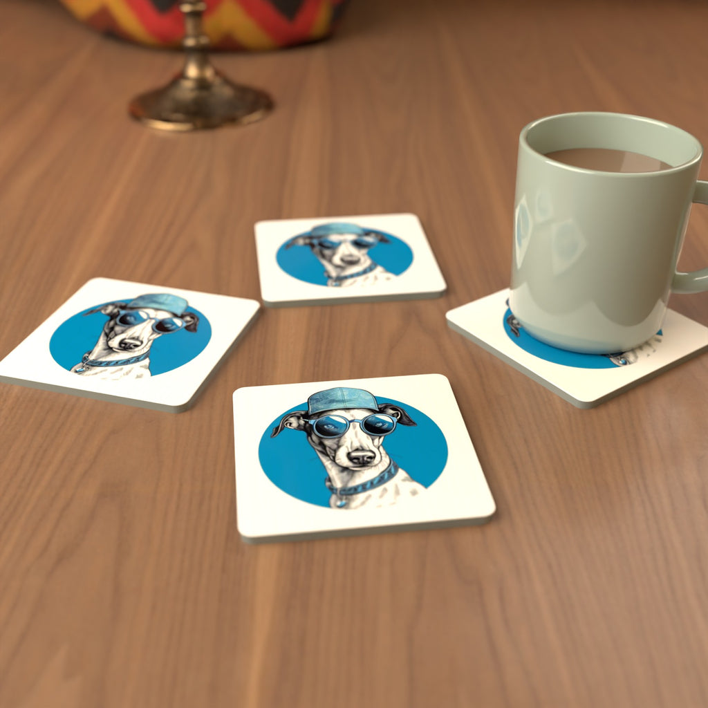 Cool Whippet in Cap & Shades Square Glass Coasters – Set of 6 – cosy lifestyle mockup