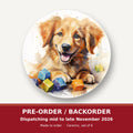 Golden Puppy with Toy Blocks round ceramic coaster set of 6 – pre-order / backorder, dispatching mid to late November 2026