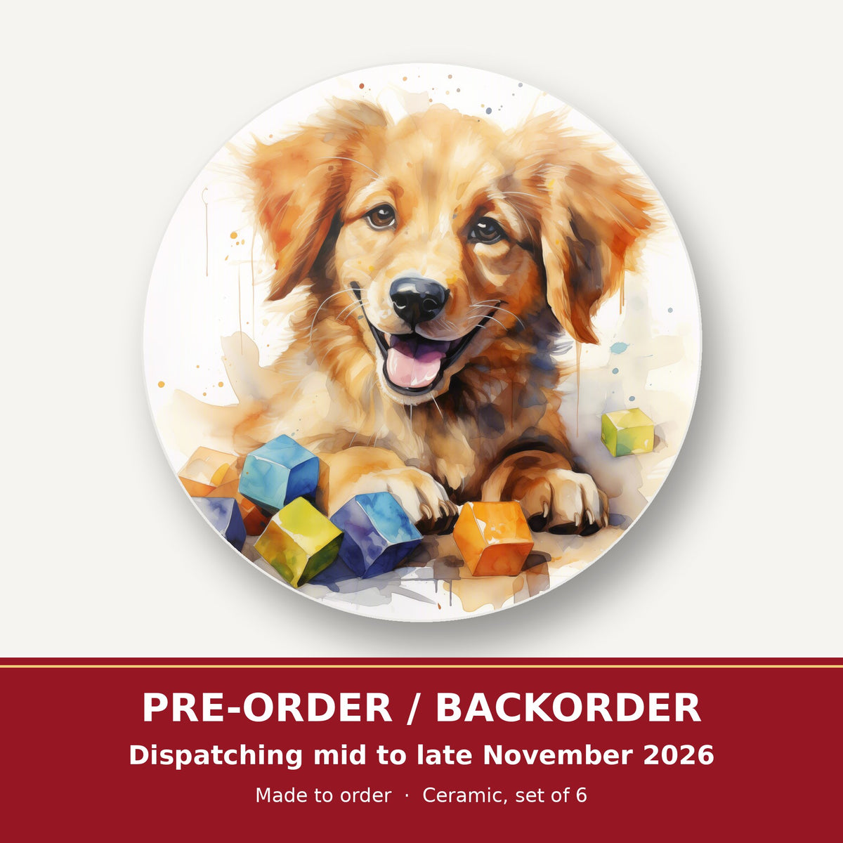 Golden Puppy with Toy Blocks round ceramic coaster set of 6 – pre-order / backorder, dispatching mid to late November 2026