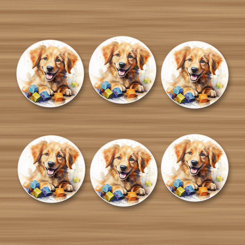 Golden Puppy with Toy Blocks round ceramic coasters, set of 6, on an oak coffee table