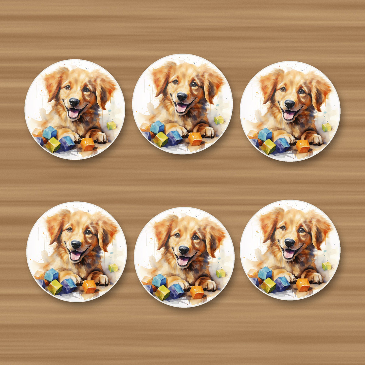 Golden Puppy with Toy Blocks round ceramic coasters, set of 6, on an oak coffee table