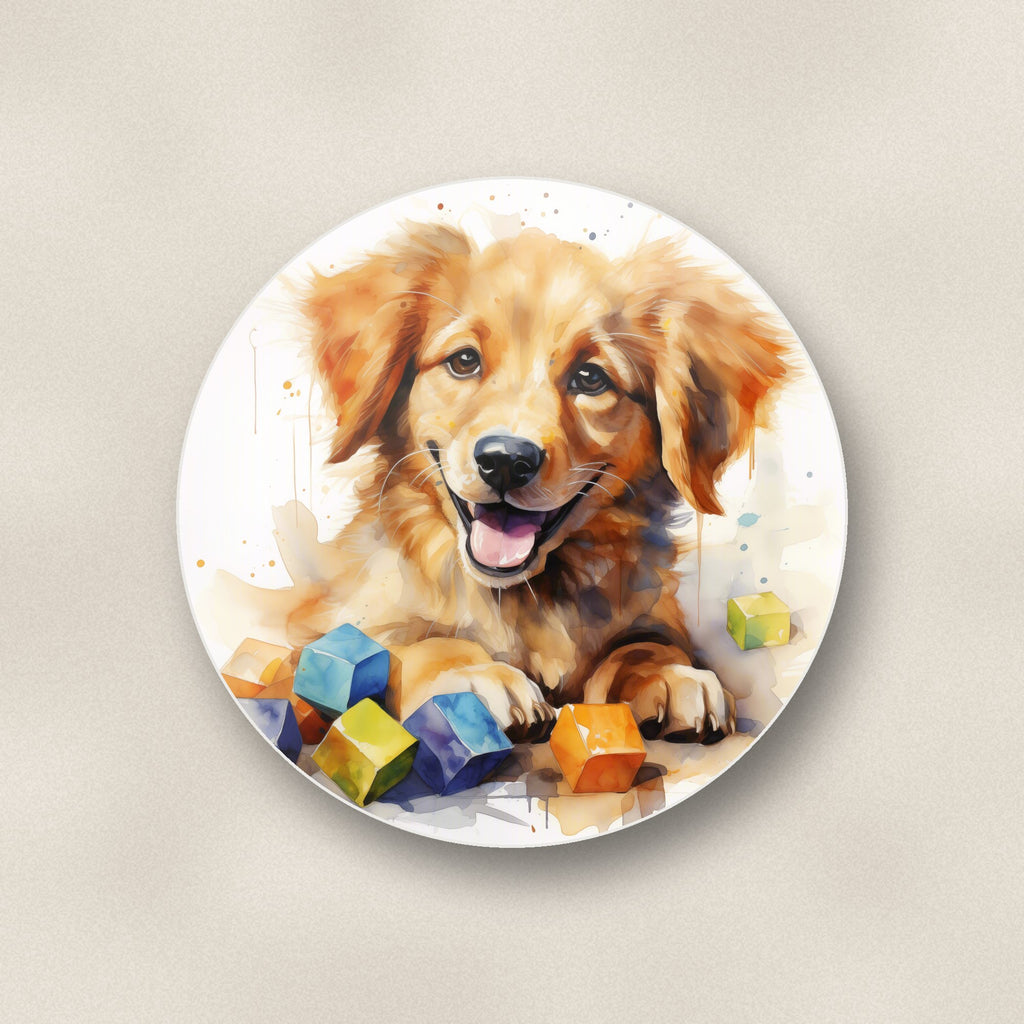 Close-up of one golden puppy with toy blocks round ceramic coaster, flat UV print