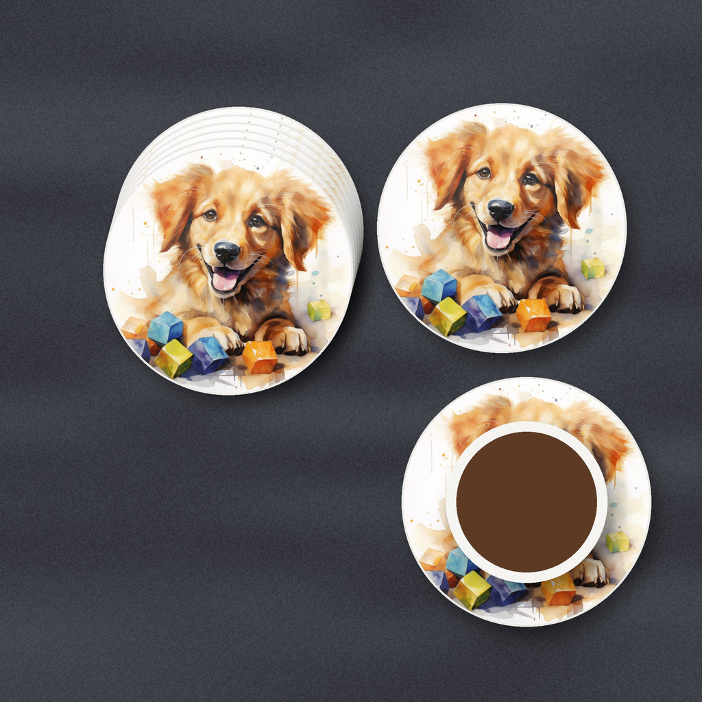 Golden Puppy with Toy Blocks round ceramic coasters stacked on a slate kitchen worktop