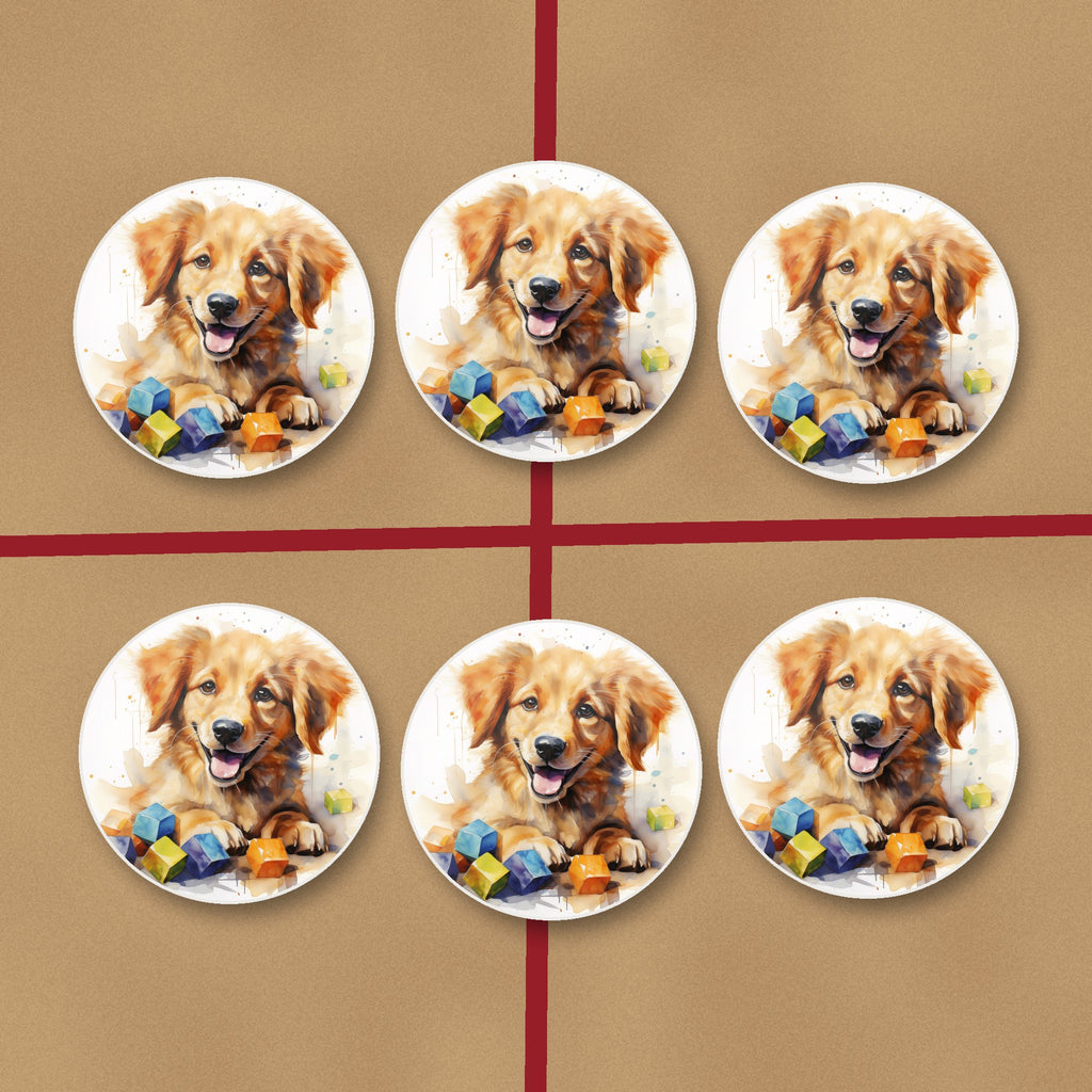 Golden Puppy with Toy Blocks round ceramic coasters on kraft gift wrap