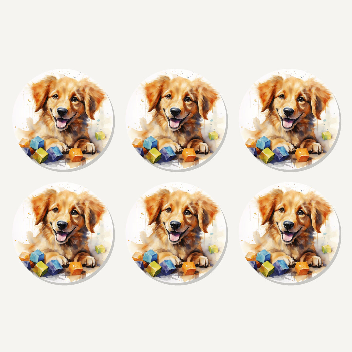 Flat lay of the golden puppy with toy blocks artwork on six round coasters