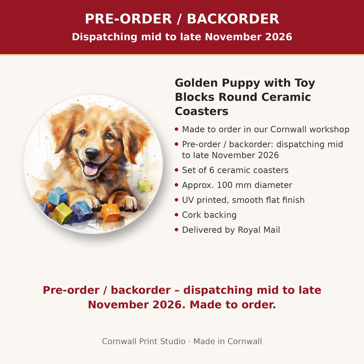 Info card: Golden Puppy with Toy Blocks Round Ceramic Coasters – Set of 6, made to order, dispatching mid to late November 2026, delivered by Royal Mail