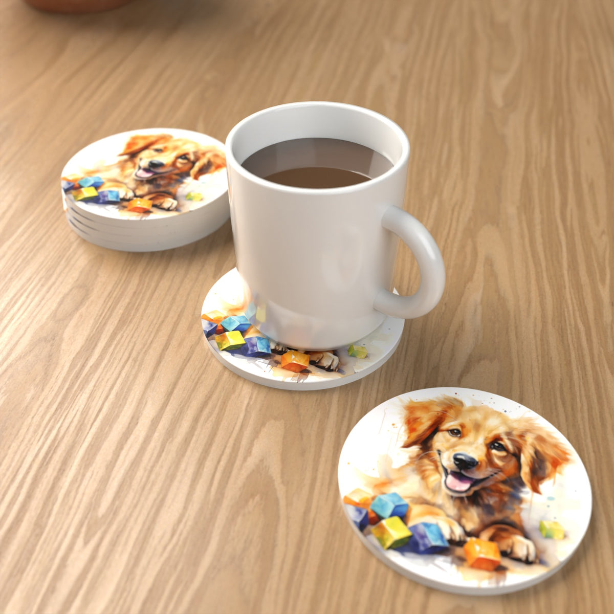 Golden Puppy with Toy Blocks Round Ceramic Coasters – Set of 6 – lifestyle mockup with a mug of coffee