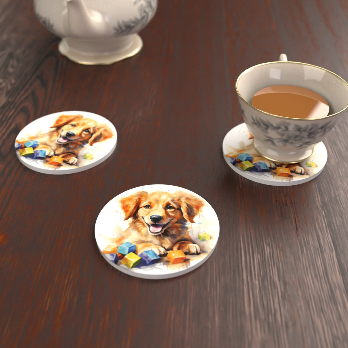Golden Puppy with Toy Blocks Round Ceramic Coasters – Set of 6 – lifestyle mockup with a teacup