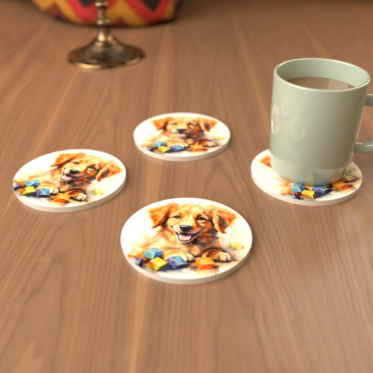 Golden Puppy with Toy Blocks Round Ceramic Coasters – Set of 6 – cosy lifestyle mockup
