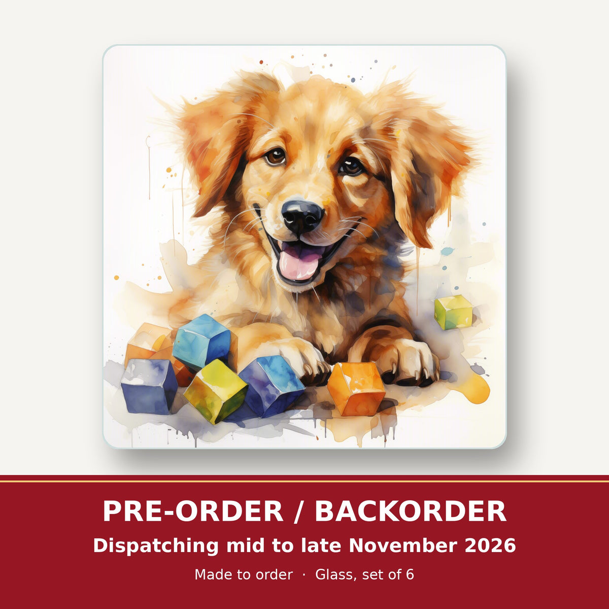 Golden Puppy with Toy Blocks square glass coaster set of 6 – pre-order / backorder, dispatching mid to late November 2026