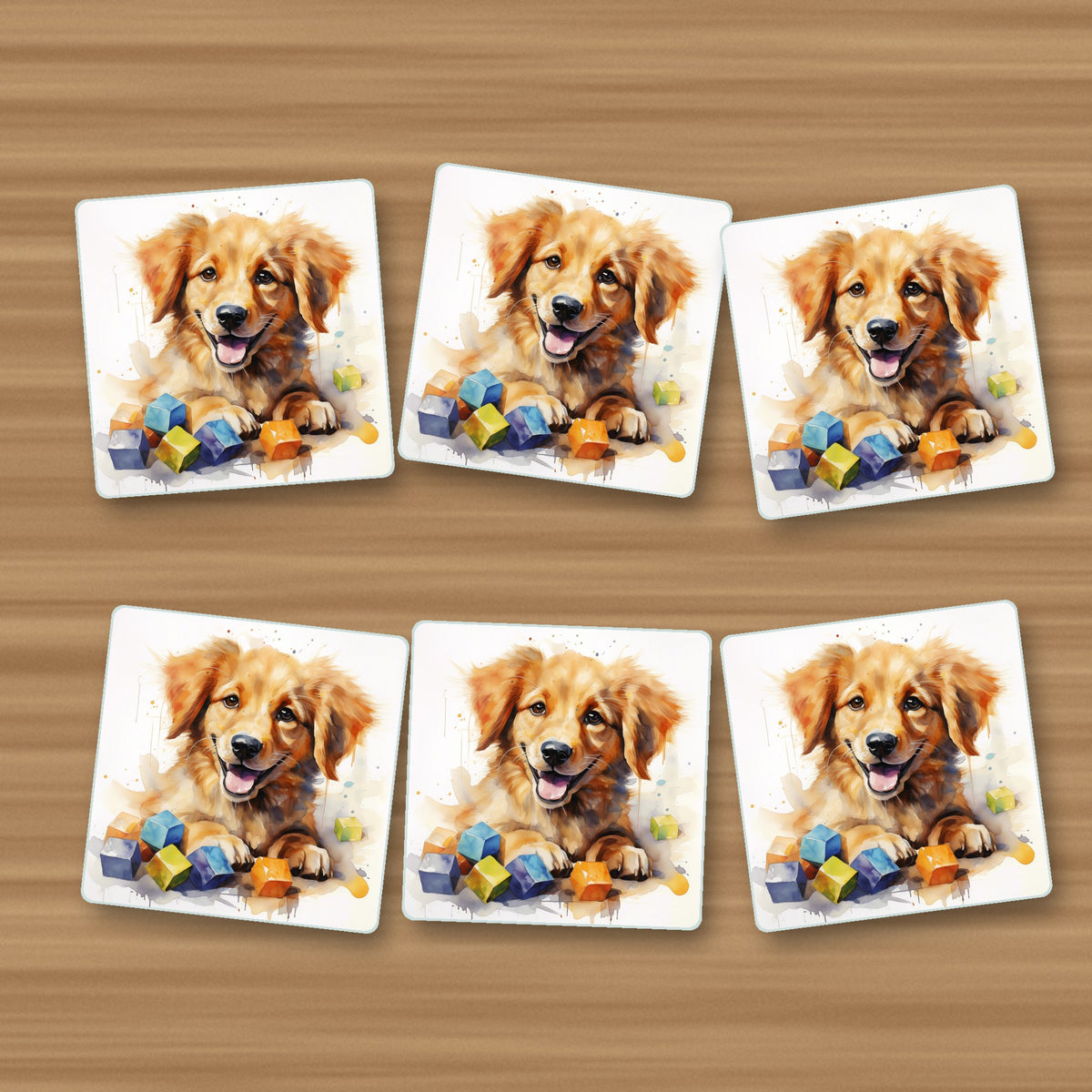 Golden Puppy with Toy Blocks square glass coasters, set of 6, on an oak coffee table