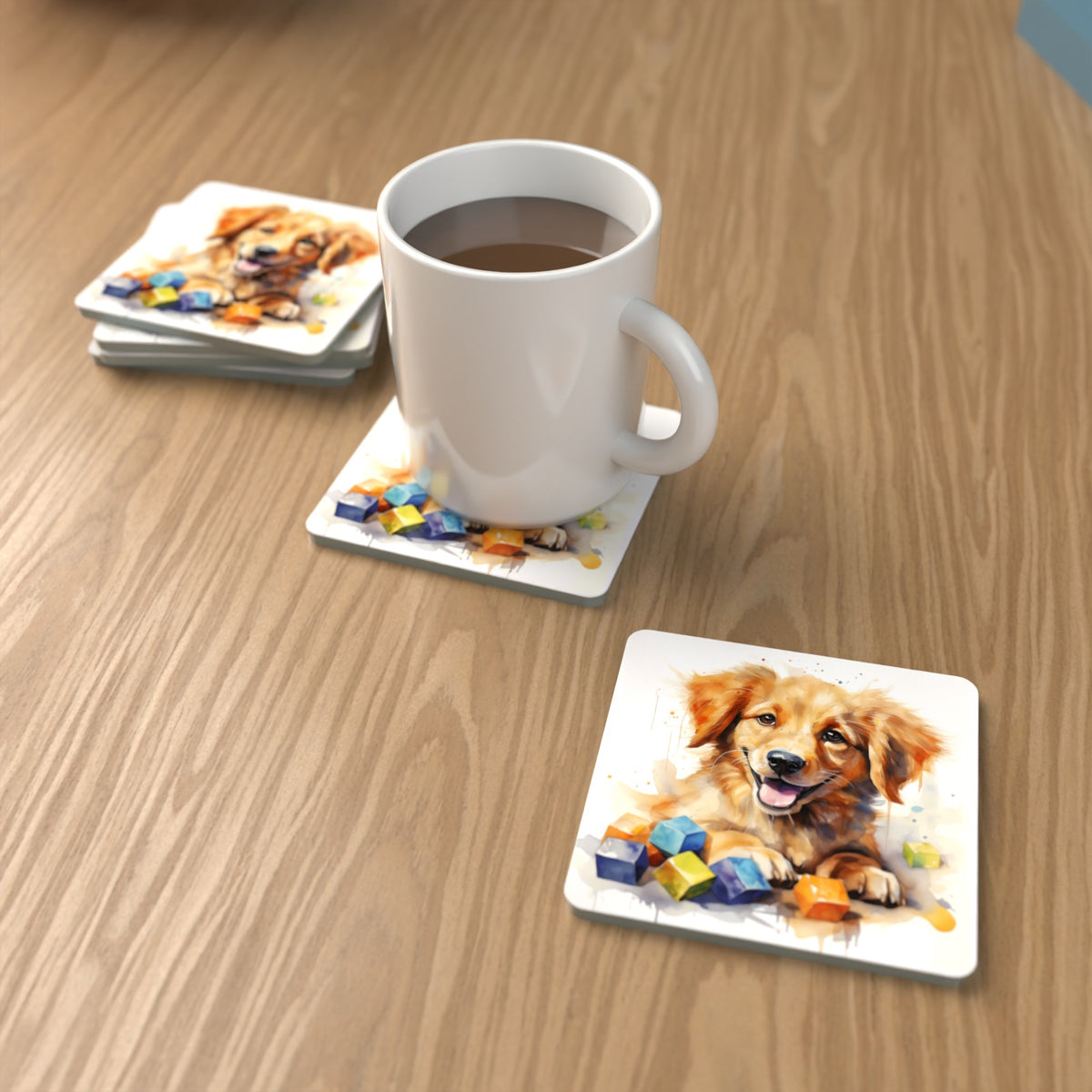 Golden Puppy with Toy Blocks Square Glass Coasters – Set of 6 – lifestyle mockup with a mug of coffee