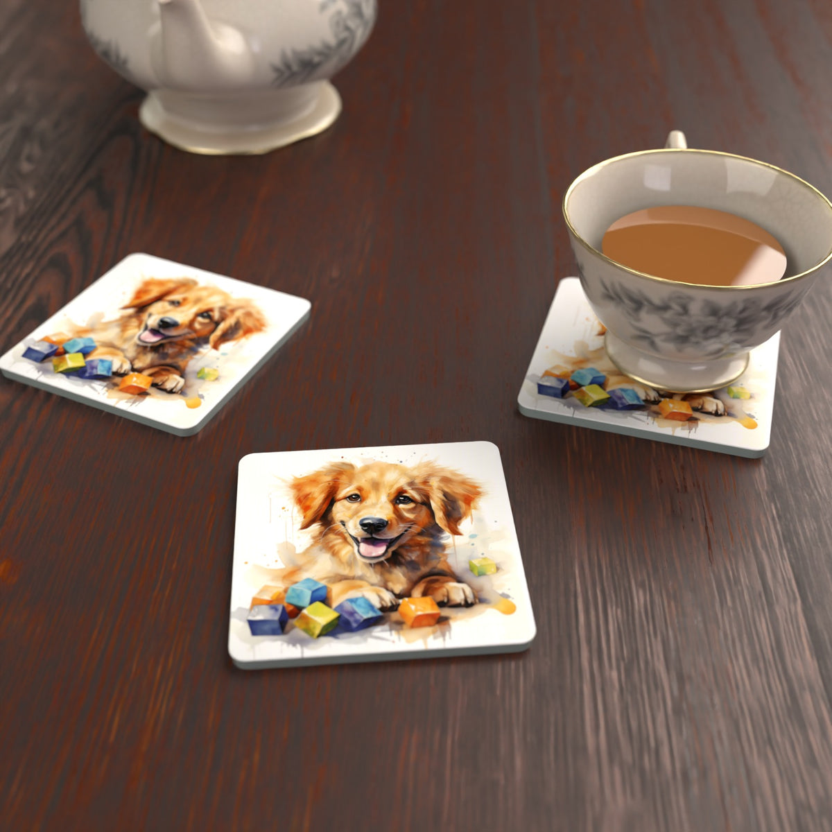 Golden Puppy with Toy Blocks Square Glass Coasters – Set of 6 – lifestyle mockup with a teacup