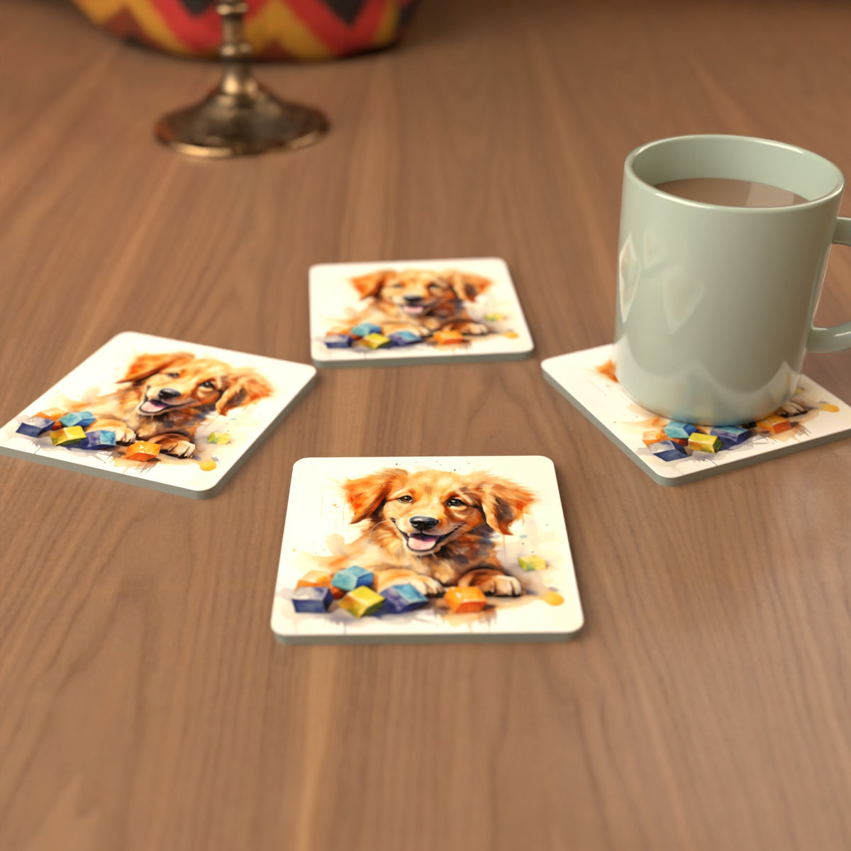 Golden Puppy with Toy Blocks Square Glass Coasters – Set of 6 – cosy lifestyle mockup