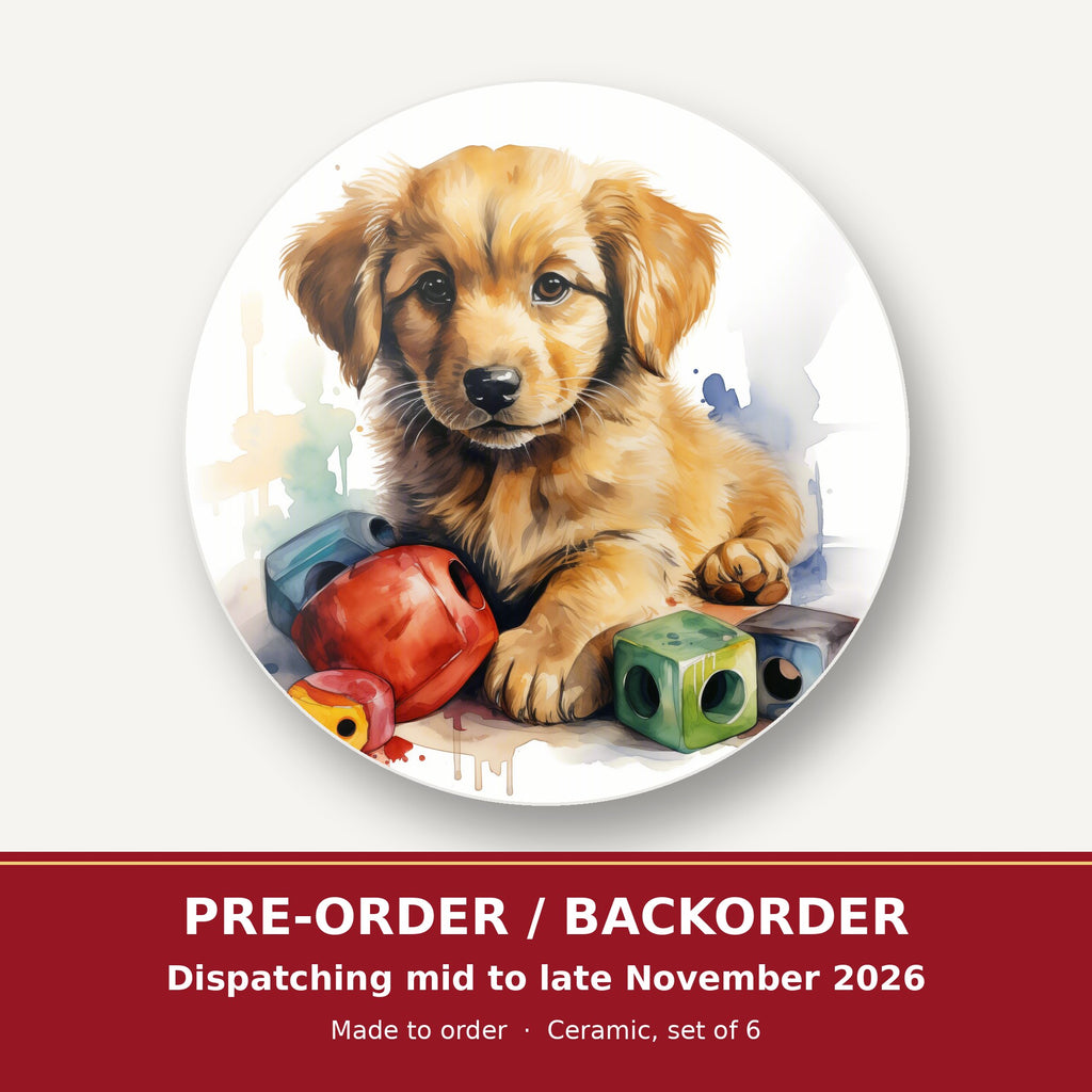 Golden Retriever Puppy with Blocks round ceramic coaster set of 6 – pre-order / backorder, dispatching mid to late November 2026