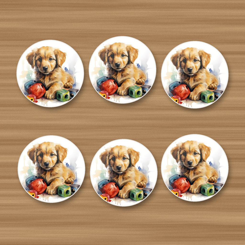 Golden Retriever Puppy with Blocks round ceramic coasters, set of 6, on an oak coffee table