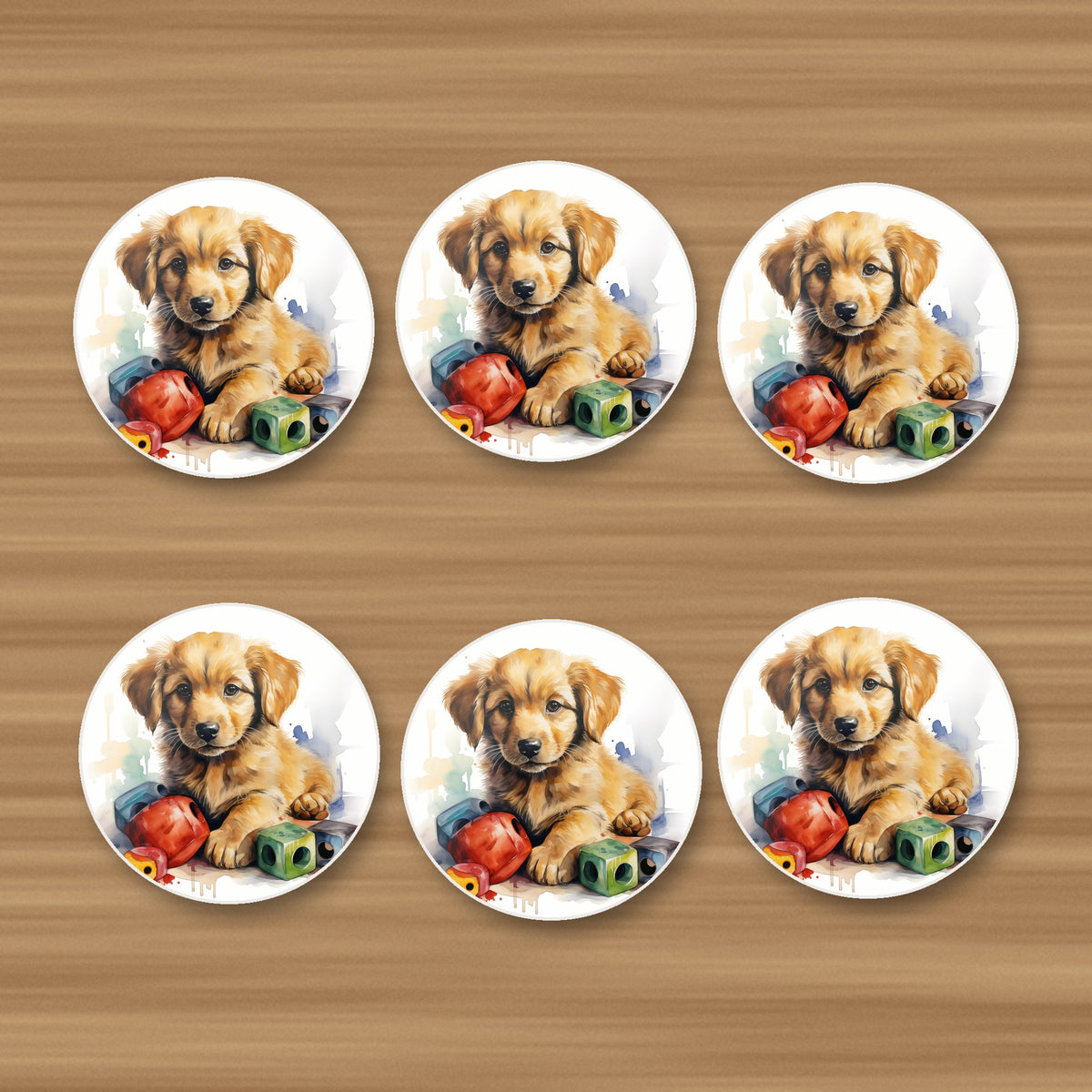 Golden Retriever Puppy with Blocks round ceramic coasters, set of 6, on an oak coffee table
