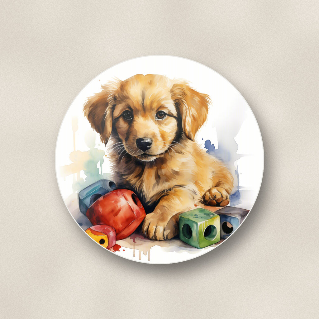 Close-up of one golden retriever puppy with blocks round ceramic coaster, flat UV print