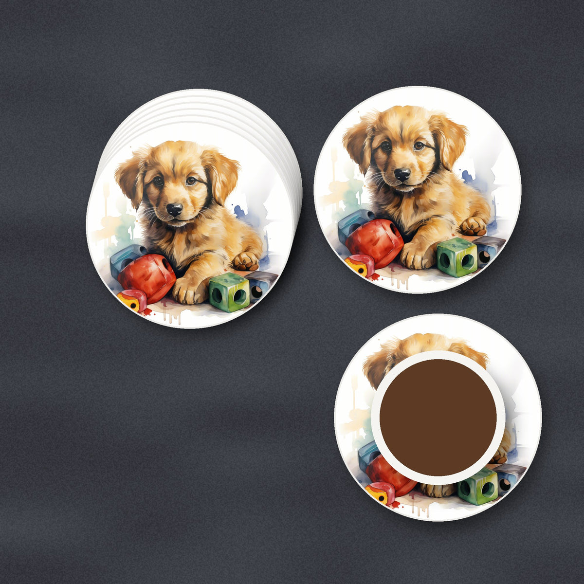 Golden Retriever Puppy with Blocks round ceramic coasters stacked on a slate kitchen worktop