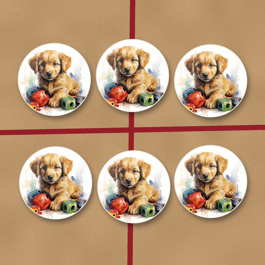 Golden Retriever Puppy with Blocks round ceramic coasters on kraft gift wrap