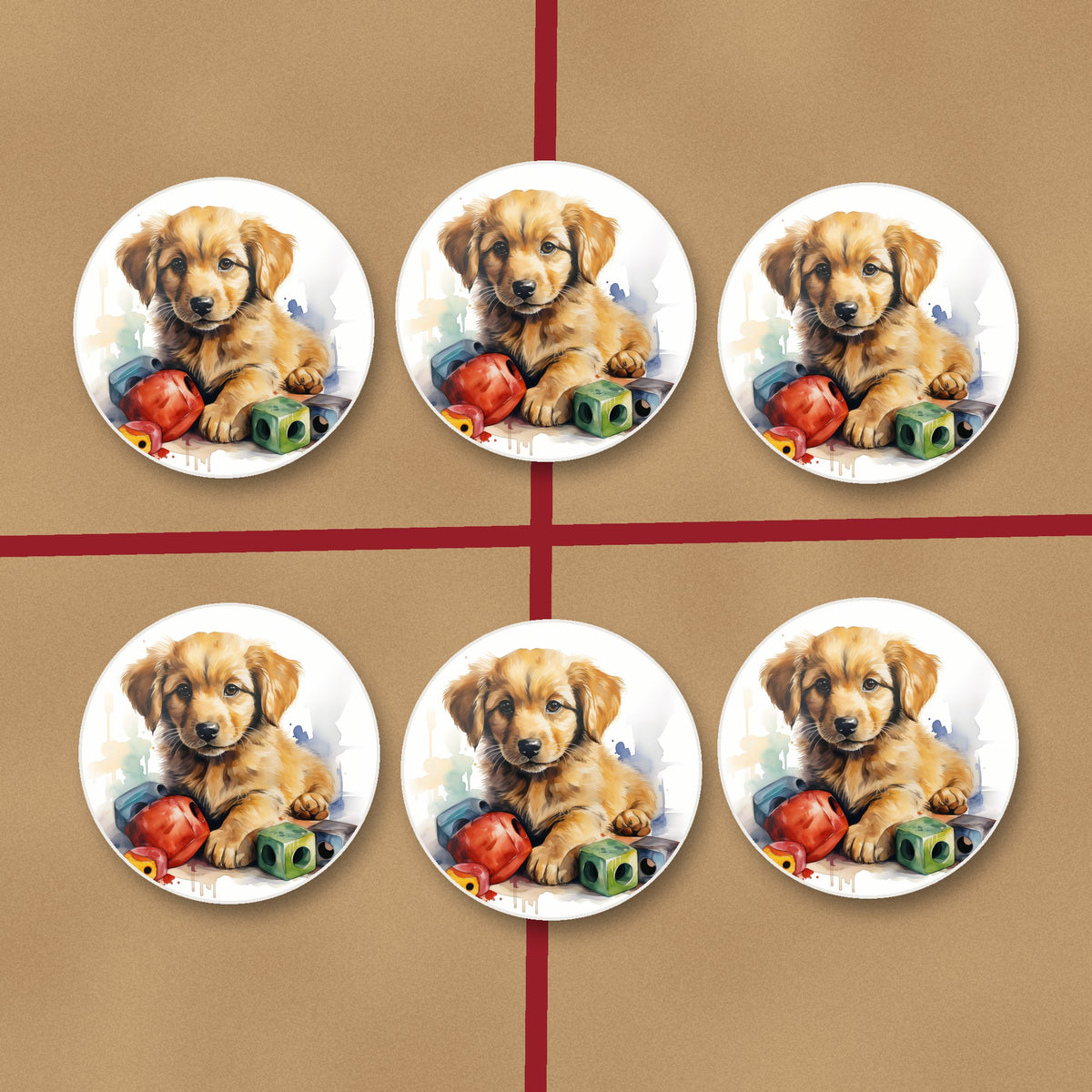 Golden Retriever Puppy with Blocks round ceramic coasters on kraft gift wrap