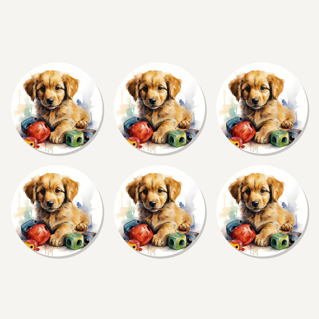 Flat lay of the golden retriever puppy with blocks artwork on six round coasters