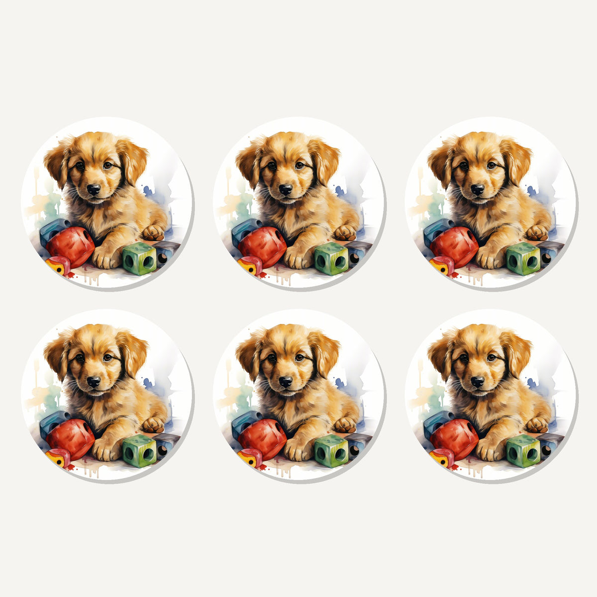 Flat lay of the golden retriever puppy with blocks artwork on six round coasters