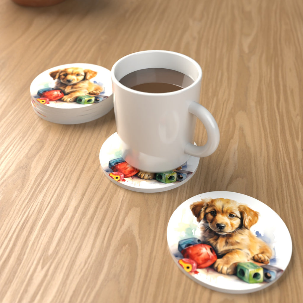 Golden Retriever Puppy with Blocks Round Ceramic Coasters – Set of 6 – lifestyle mockup with a mug of coffee
