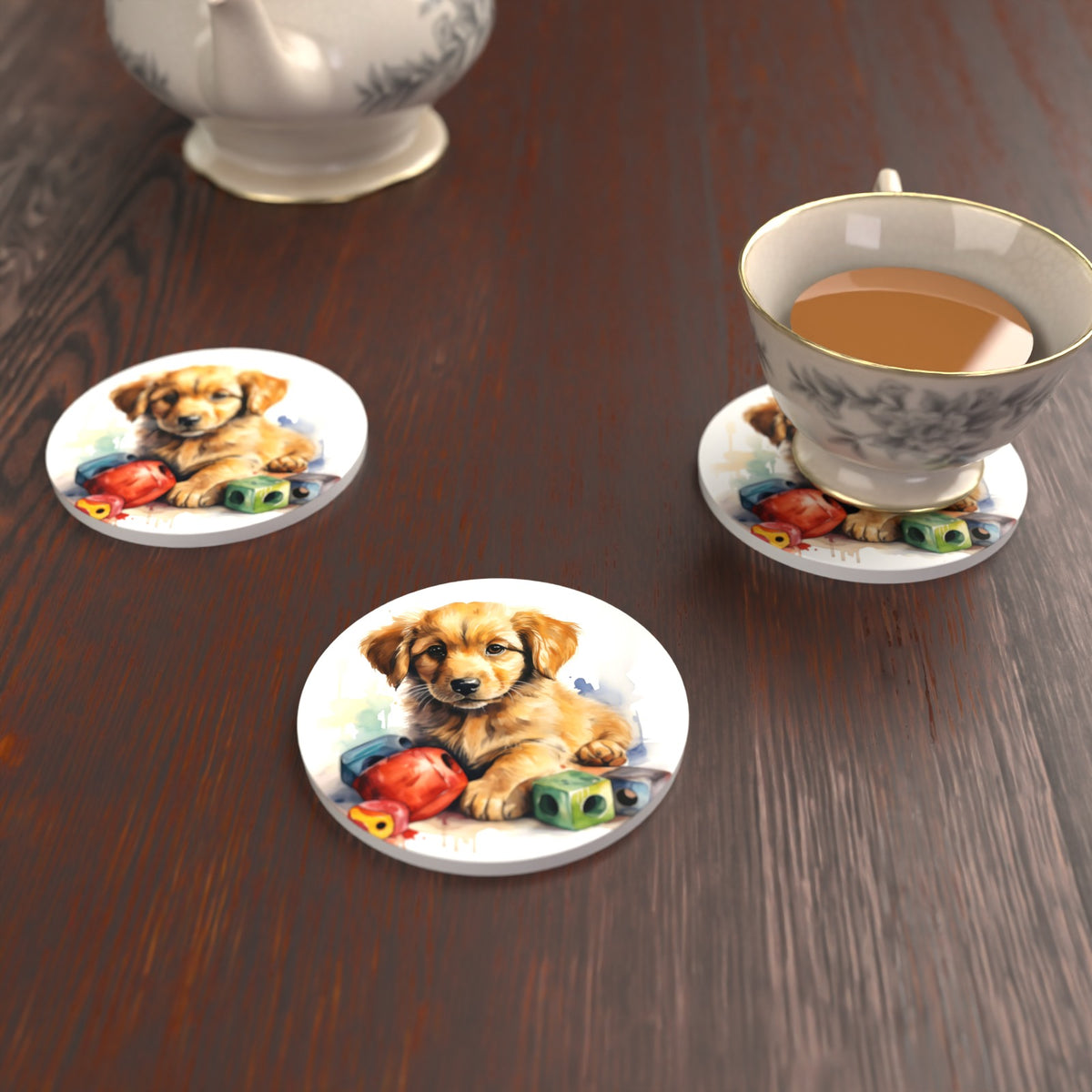 Golden Retriever Puppy with Blocks Round Ceramic Coasters – Set of 6 – lifestyle mockup with a teacup