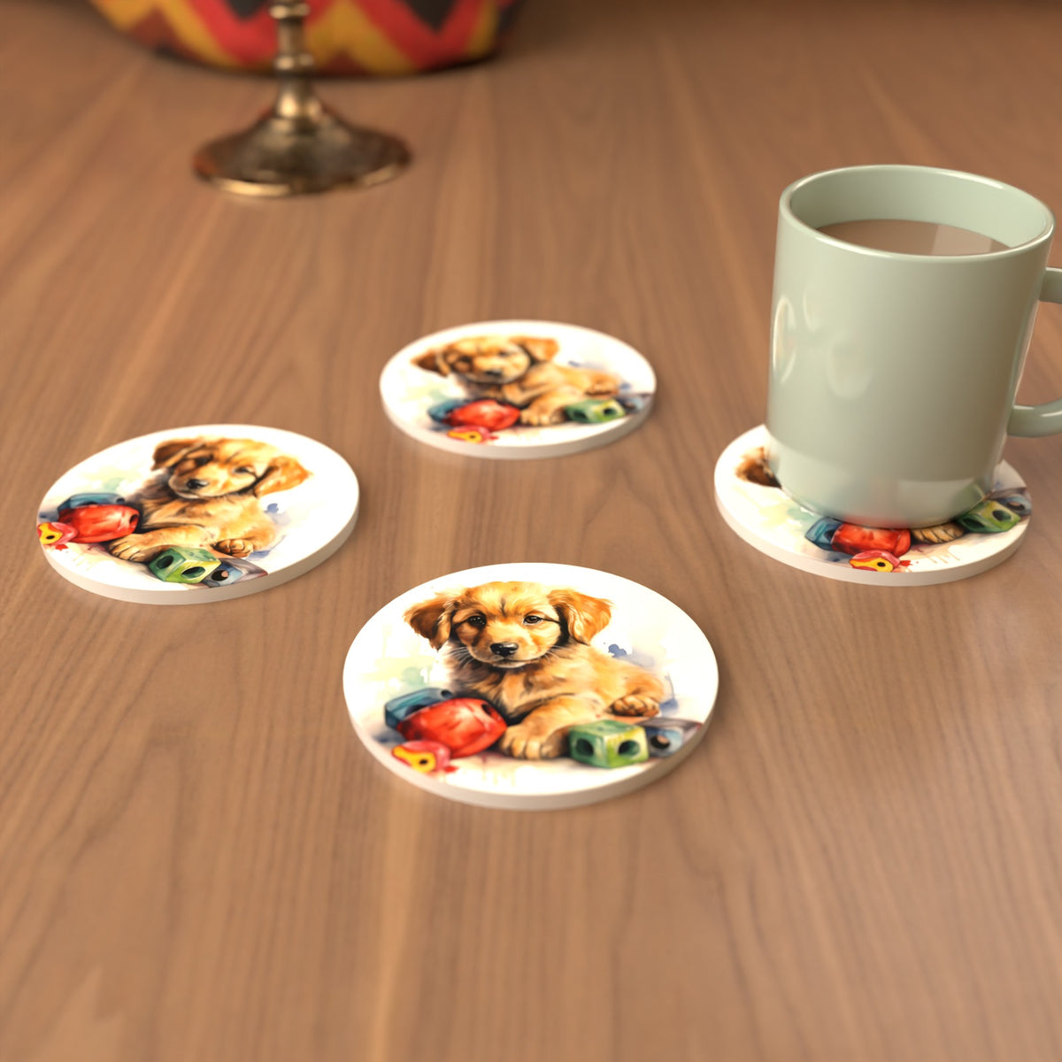 Golden Retriever Puppy with Blocks Round Ceramic Coasters – Set of 6 – cosy lifestyle mockup