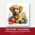 Golden Retriever Puppy with Blocks square glass coaster set of 6 – pre-order / backorder, dispatching mid to late November 2026