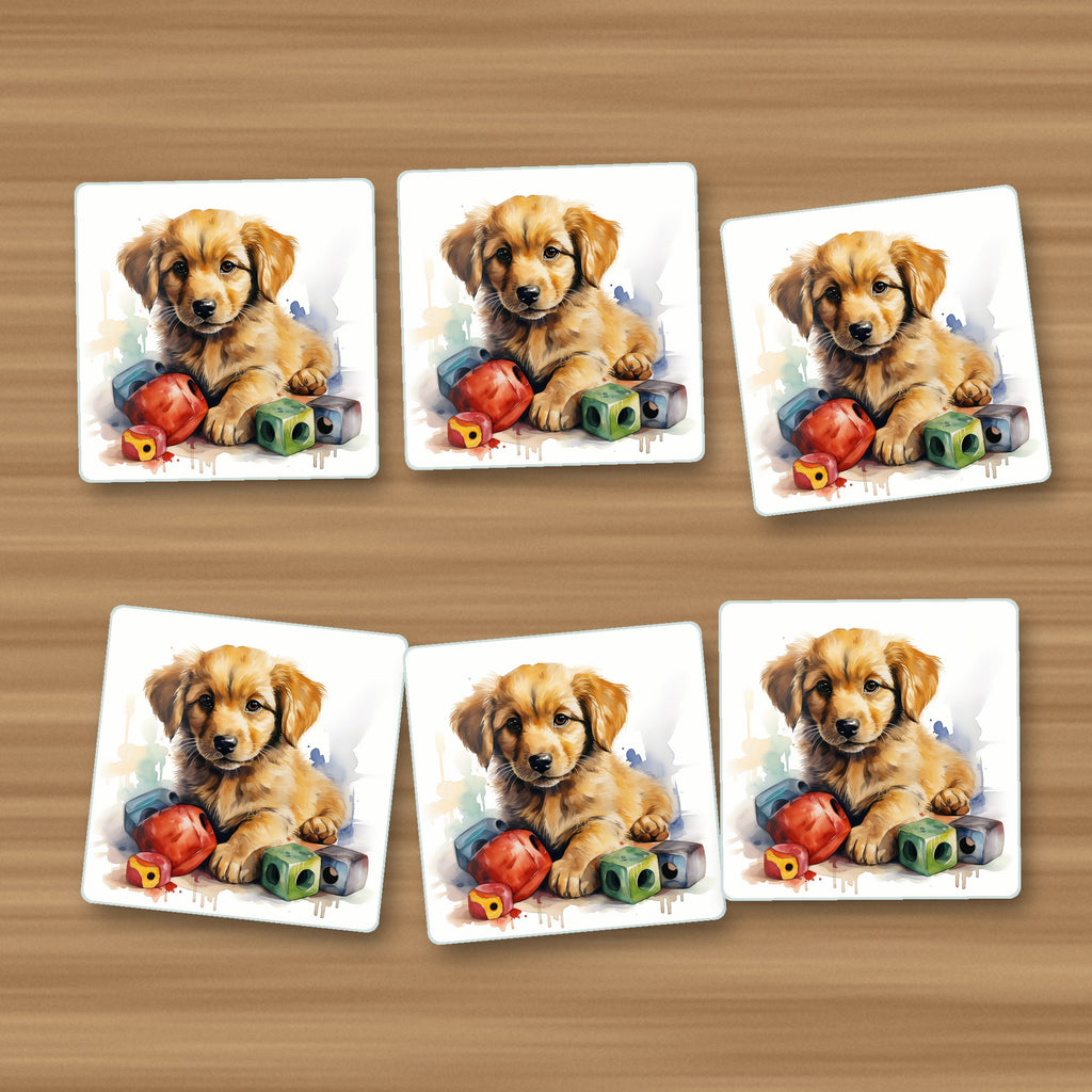 Golden Retriever Puppy with Blocks square glass coasters, set of 6, on an oak coffee table
