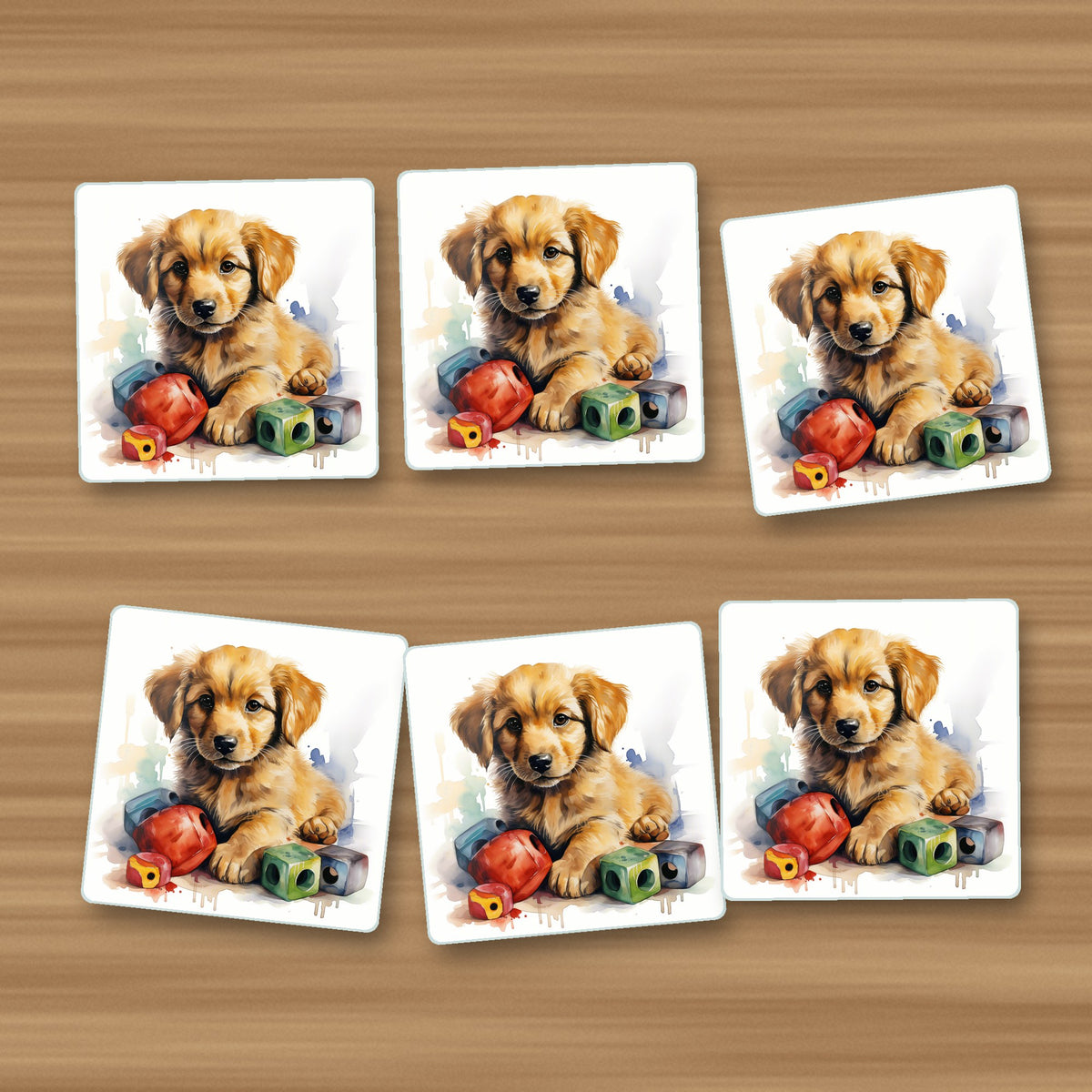 Golden Retriever Puppy with Blocks square glass coasters, set of 6, on an oak coffee table