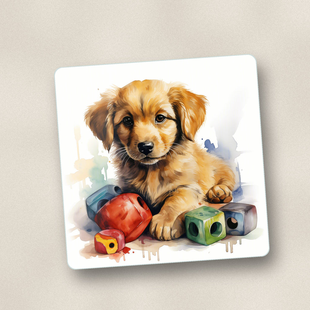 Close-up of one golden retriever puppy with blocks square glass coaster, flat UV print